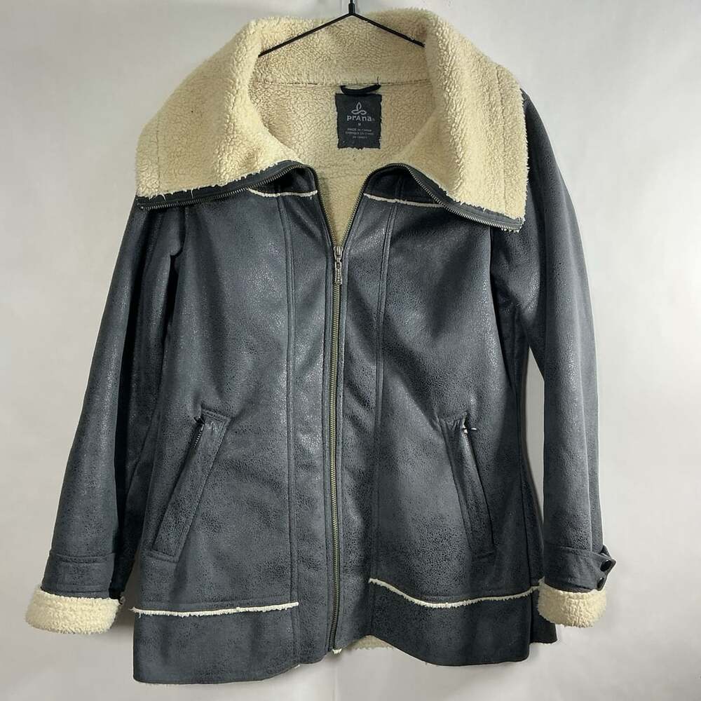 prAna Faux Suede Aviator Jacket Size M Gray Sherpa Lined